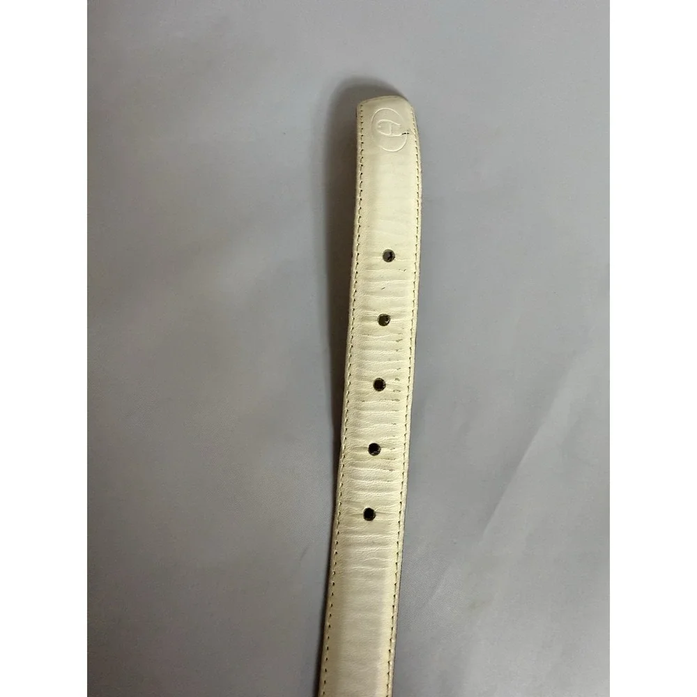 Etienne Aigner White Leather Belt Size 30 Ornate Brass Buckle Italy 1259 Vintage